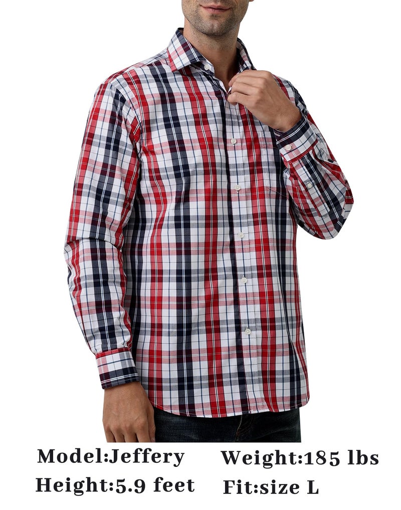 Double Pump Mens Button Down Shirts Cotton Long Sleeve Shirts Regular Fit, Red Navy Check-SL02A,Small - Image 5